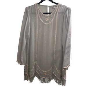 Vtg Jack Bryan 16/L/XL Grey Beaded Flapper Fringe Tunic Top Art Deco Sequin